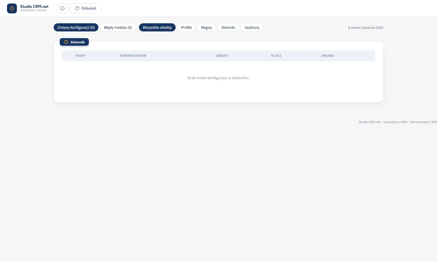 Studio CRM.net - ekran Dziennik zmian z zakładkami Zmiany konfiguracji i Błędy modułu, filtrem obiektów i tabelą zmian z czasem, administratorem, obiektem, kluczem i zmianą