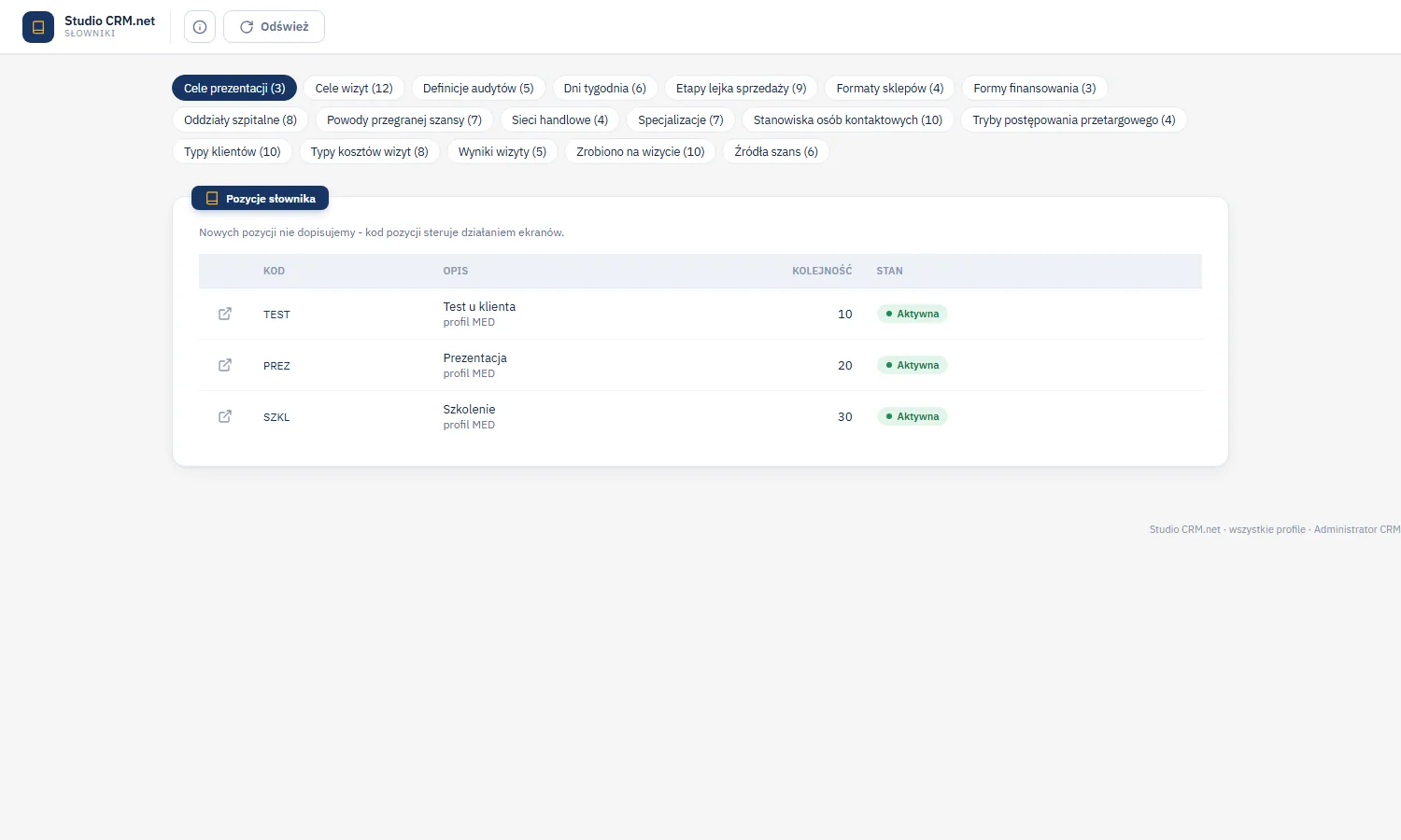 Studio CRM.net - ekran Słowniki z chipami osiemnastu słowników z liczbą pozycji oraz tabelą pozycji słownika Cele prezentacji z kodem, opisem z profilem, kolejnością i stanem