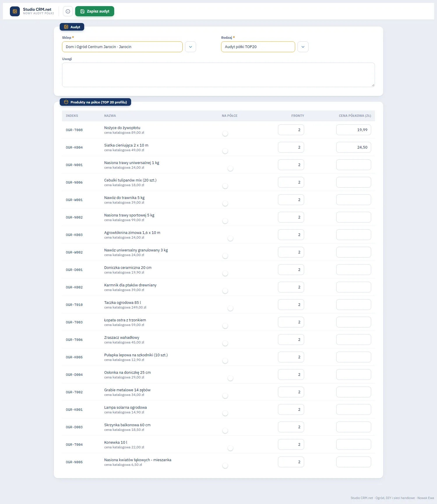 Studio CRM.net - formularz nowego audytu półki: sklep Dom i Ogród Centrum Jarocin, rodzaj Audyt półki TOP 20 i tabela produktów z przełącznikiem na półce, frontami i ceną półkową
