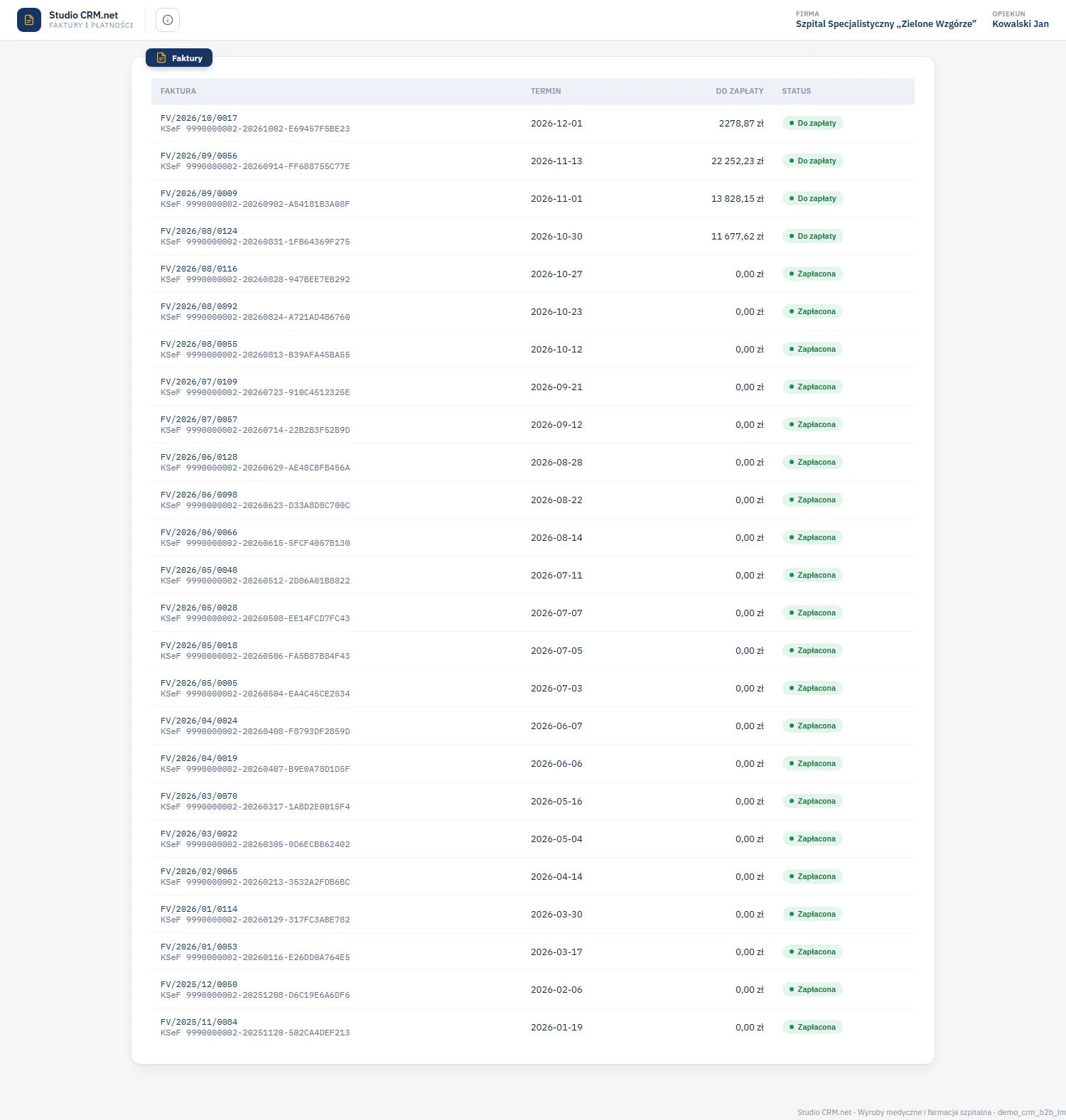Studio CRM.net - ekran Faktury i płatności w portalu B2B z numerami faktur, numerami KSeF, terminami, kwotami do zapłaty i statusami