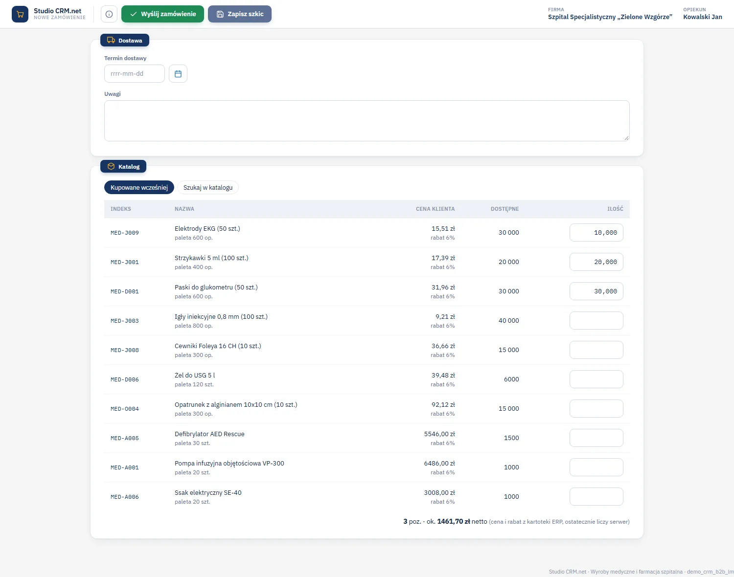 Studio CRM.net - katalog portalu B2B z kartą Dostawa (termin i uwagi) oraz tabelą towarów z ceną klienta po rabacie, dostępną ilością i polem ilości