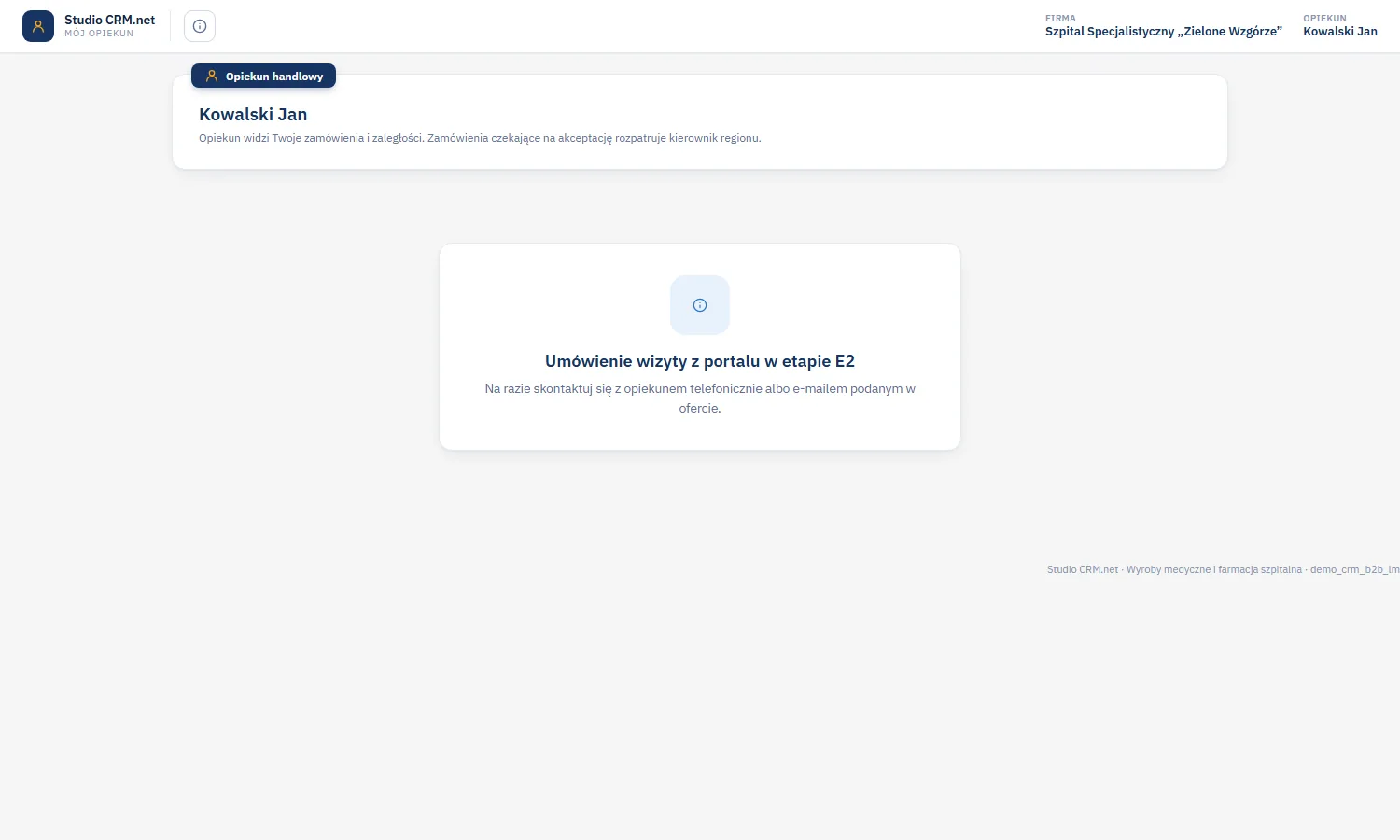 Studio CRM.net - ekran Mój opiekun z imieniem opiekuna handlowego i informacją o umówieniu wizyty z portalu w etapie E2