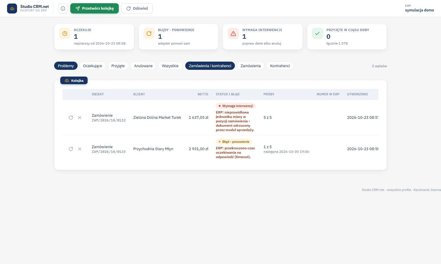 Studio CRM.net - ekran Eksport do ERP z przyciskiem Przetwórz kolejkę, kaflami oczekuje, błędy z ponowieniem, wymaga interwencji i przyjęte w ciągu doby oraz tabelą wpisów problemowych z obiektem, klientem, wartością netto, statusem z treścią błędu i liczbą prób