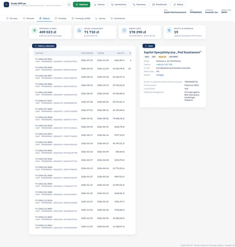 Karta klienta w Studio CRM.net z kaflami sprzedaży, salda i wolnego limitu