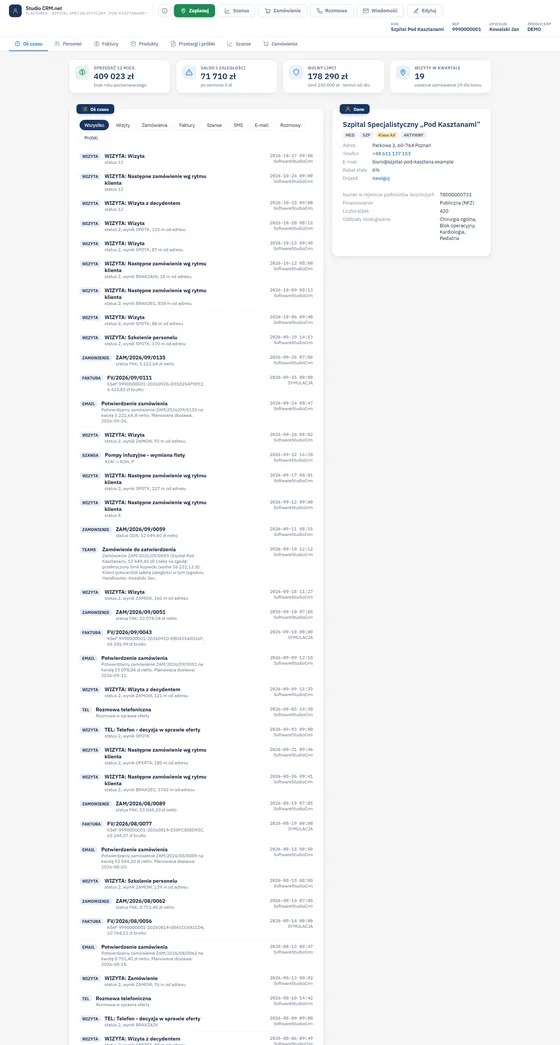 Studio CRM.net - karta klienta z kaflami sprzedaży, salda i limitu, zakładkami i osią czasu wizyt, szans, zamówień, faktur i wiadomości