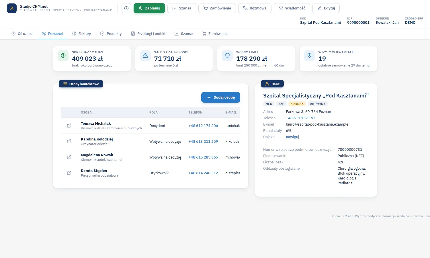Studio CRM.net - zakładka Personel karty klienta z osobami kontaktowymi: imię i nazwisko, stanowisko, rola w decyzji, telefon i e-mail oraz przycisk Dodaj osobę