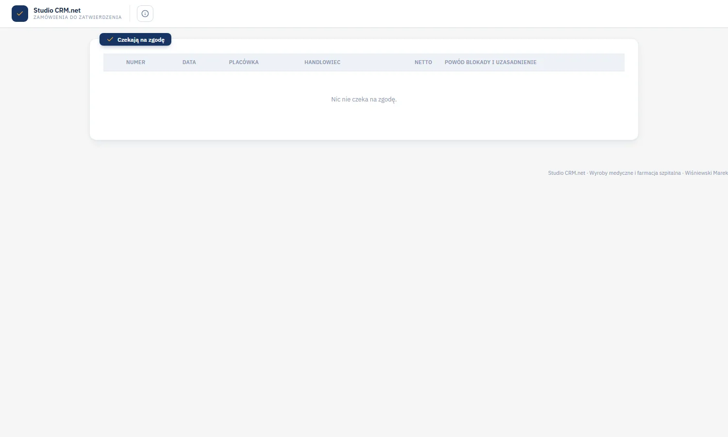 Studio CRM.net - ekran Zamówienia do zatwierdzenia bez oczekujących zamówień