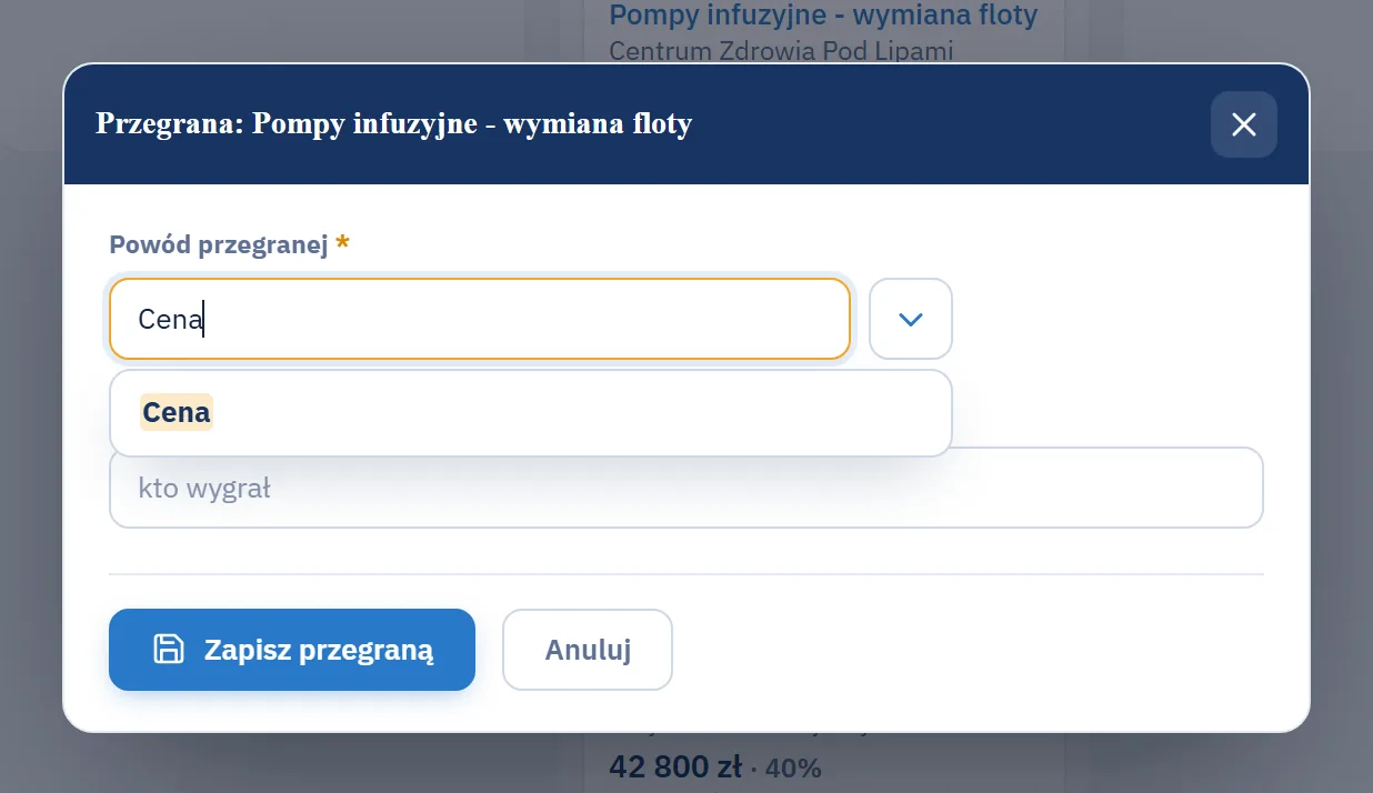 Studio CRM.net - okno Przegrana szansy z wyborem powodu przegranej ze słownika i polem Konkurencja kto wygrał oraz przyciskiem Zapisz przegraną