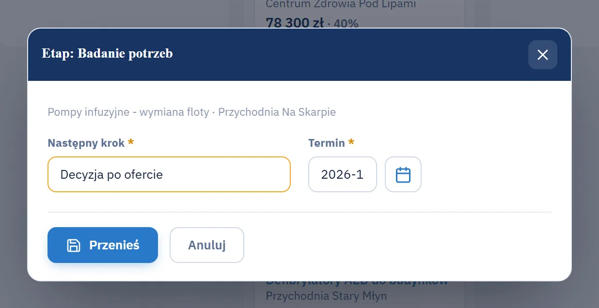 Studio CRM.net - okno zmiany etapu szansy z wymaganym polem Następny krok, polem Termin i przyciskiem Przenieś