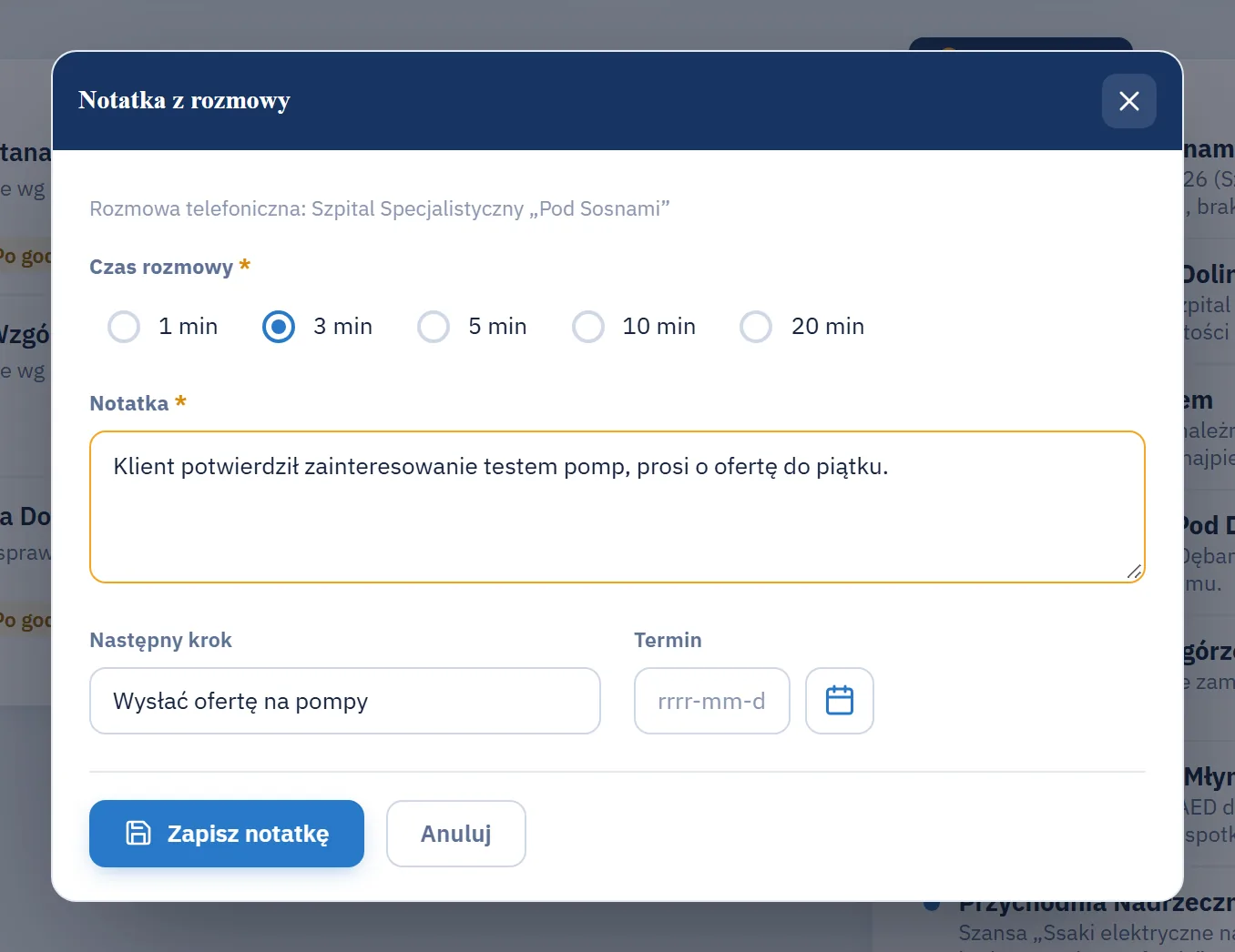 Studio CRM.net - okno Notatka z rozmowy z wyborem czasu rozmowy 1, 3, 5, 10 albo 20 minut, polem Notatka, następnym krokiem i terminem oraz przyciskiem Zapisz notatkę