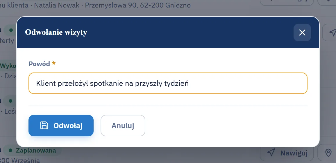 Studio CRM.net - okno Odwołanie wizyty z wymaganym polem Powód i przyciskami Odwołaj i Anuluj