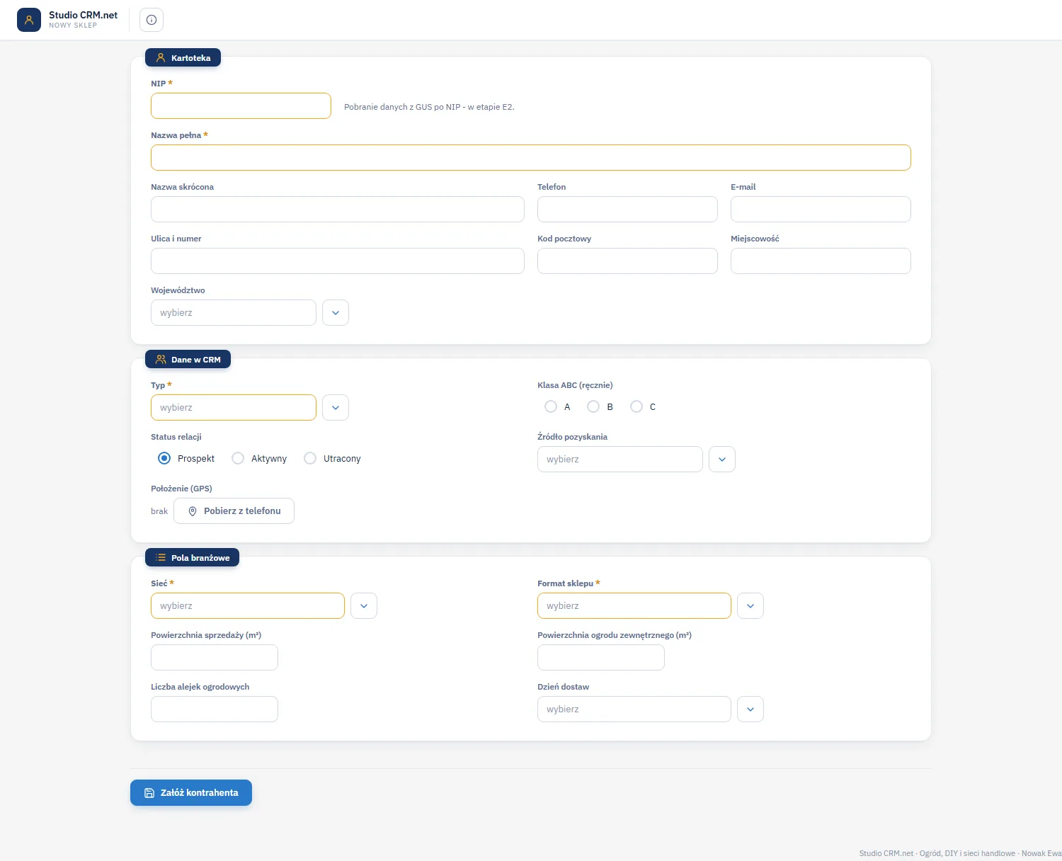 Studio CRM.net - formularz nowego sklepu w profilu OGR z polami branżowymi: sieć, format sklepu, powierzchnia sprzedaży, powierzchnia ogrodu, liczba alejek i dzień dostaw