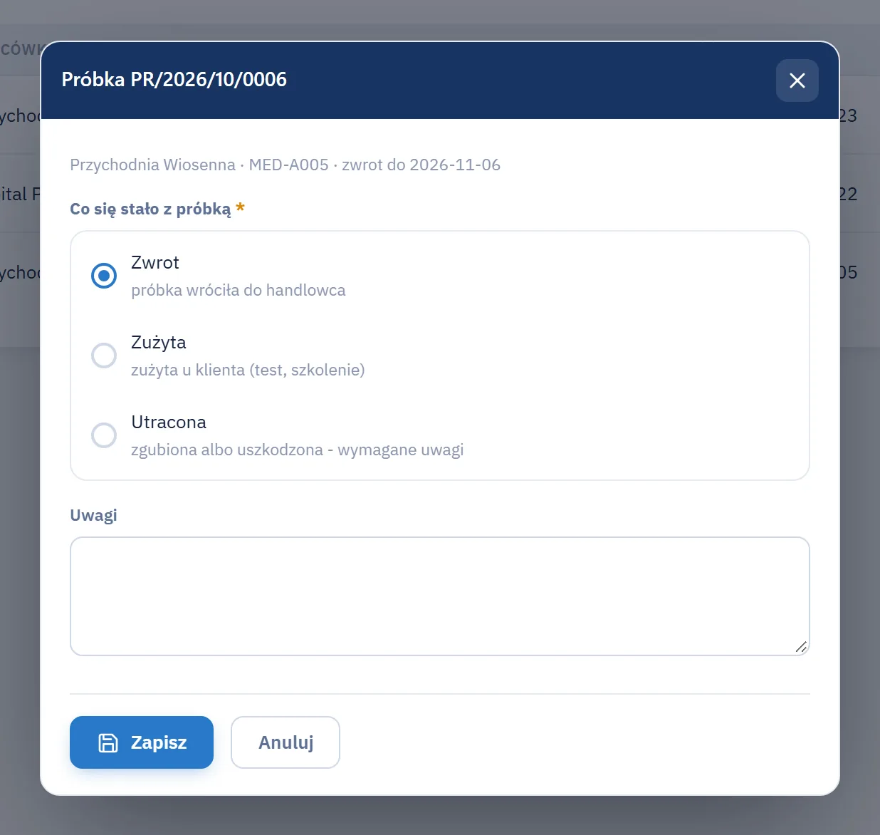 Studio CRM.net - okno Próbka z wyborem co stało się z próbką: zwrot, zużyta albo utracona, oraz polem Uwagi