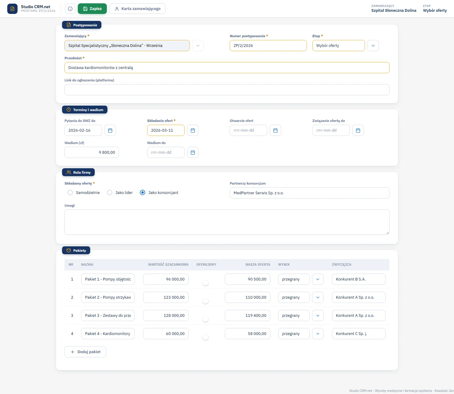 Studio CRM.net - formularz istniejącego przetargu w etapie Wybór oferty z terminami, wadium, rolą firmy Jako konsorcjant i czterema pakietami z wynikiem przegrany i zwycięzcą