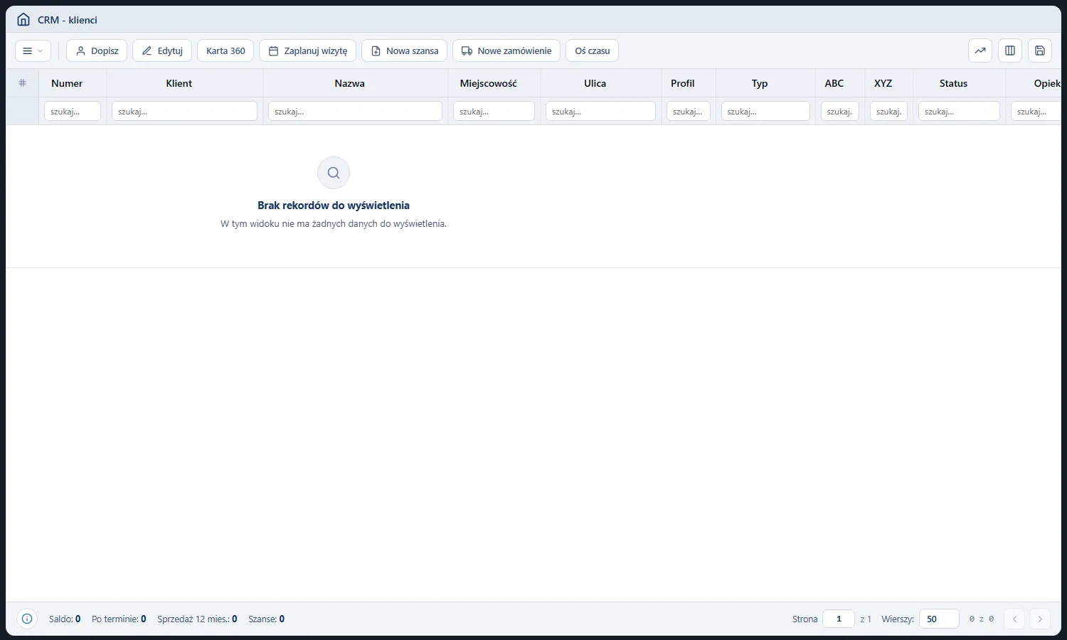 Studio CRM.net - rejestr klientów z filtrem dni bez wizyty powyżej progu; przy braku takich klientów ekran pokazuje komunikat Brak rekordów do wyświetlenia