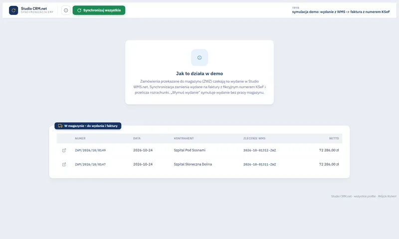 Ekran synchronizacji ERP zamieniającej wydane zamówienia na faktury