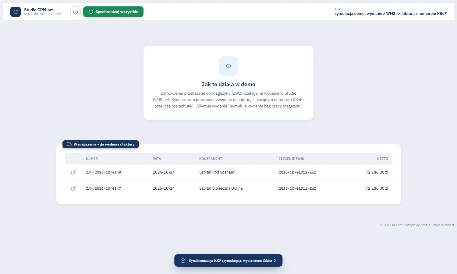 Studio CRM.net - ekran Synchronizacja ERP po kliknięciu Synchronizuj wszystkie z komunikatem o liczbie zsynchronizowanych zamówień