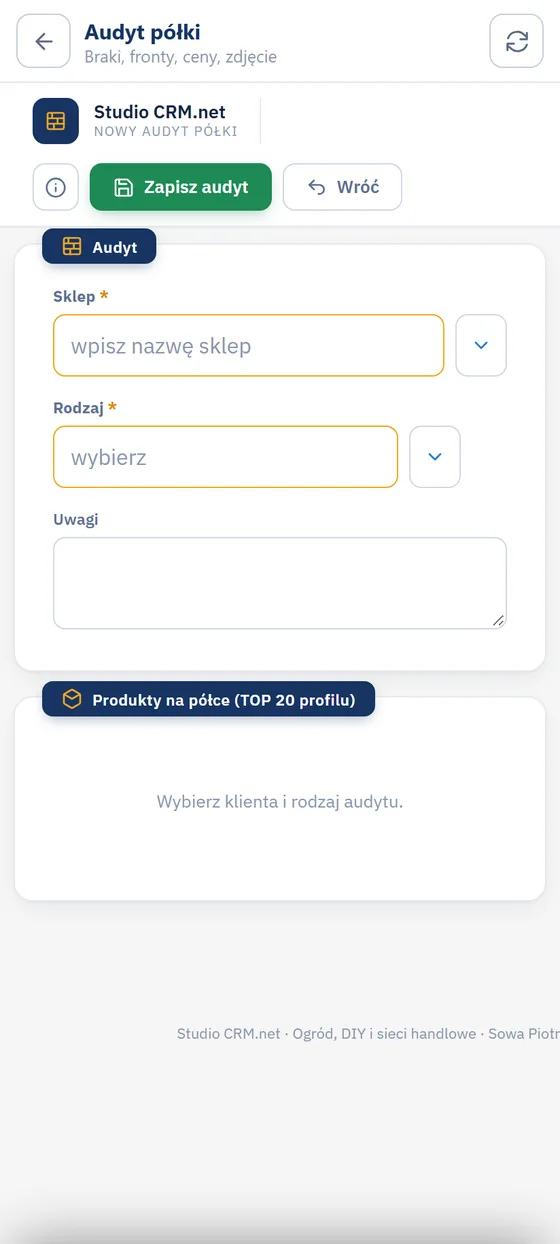 Studio CRM.net na telefonie - formularz Audyt półki z polami Sklep, Rodzaj i Uwagi oraz sekcją Produkty na półce (TOP 20 profilu)