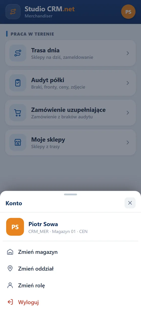 Studio CRM.net na telefonie - okno Konto z inicjałami, nazwiskiem, rolą CRM_MER, magazynem i oddziałem oraz poleceniami zmiany magazynu, oddziału, roli i wylogowania