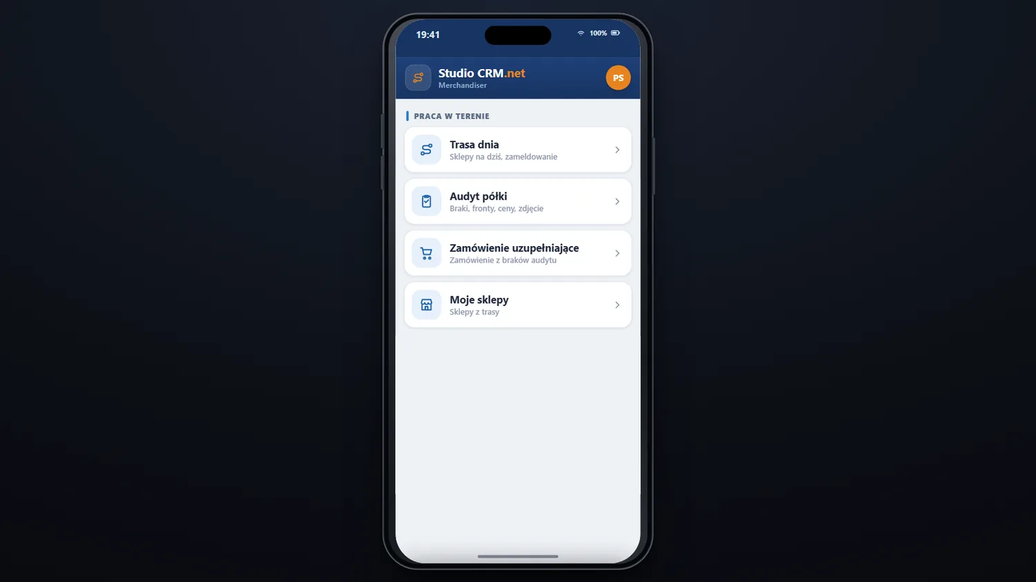 Studio CRM.net na telefonie - menu Praca w terenie z pozycjami Trasa dnia, Audyt półki, Zamówienie uzupełniające i Moje sklepy