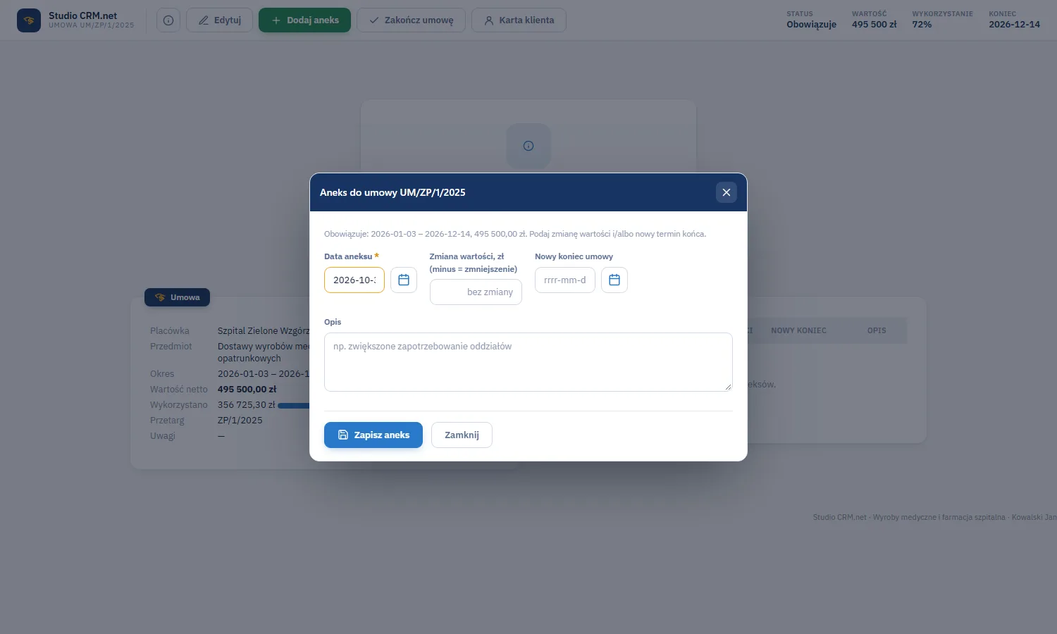 Studio CRM.net - okno Dodaj aneks na karcie umowy z polami data aneksu, zmiana wartości, nowy termin końca i opis