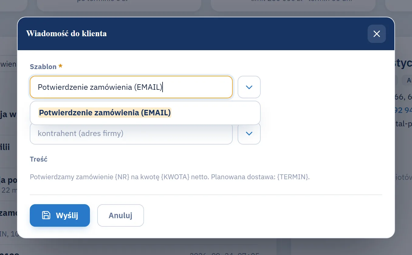 Studio CRM.net - okno Wiadomość do klienta z wyborem szablonu Potwierdzenie zamówienia, polem Do osoby i podglądem treści oraz przyciskiem Wyślij