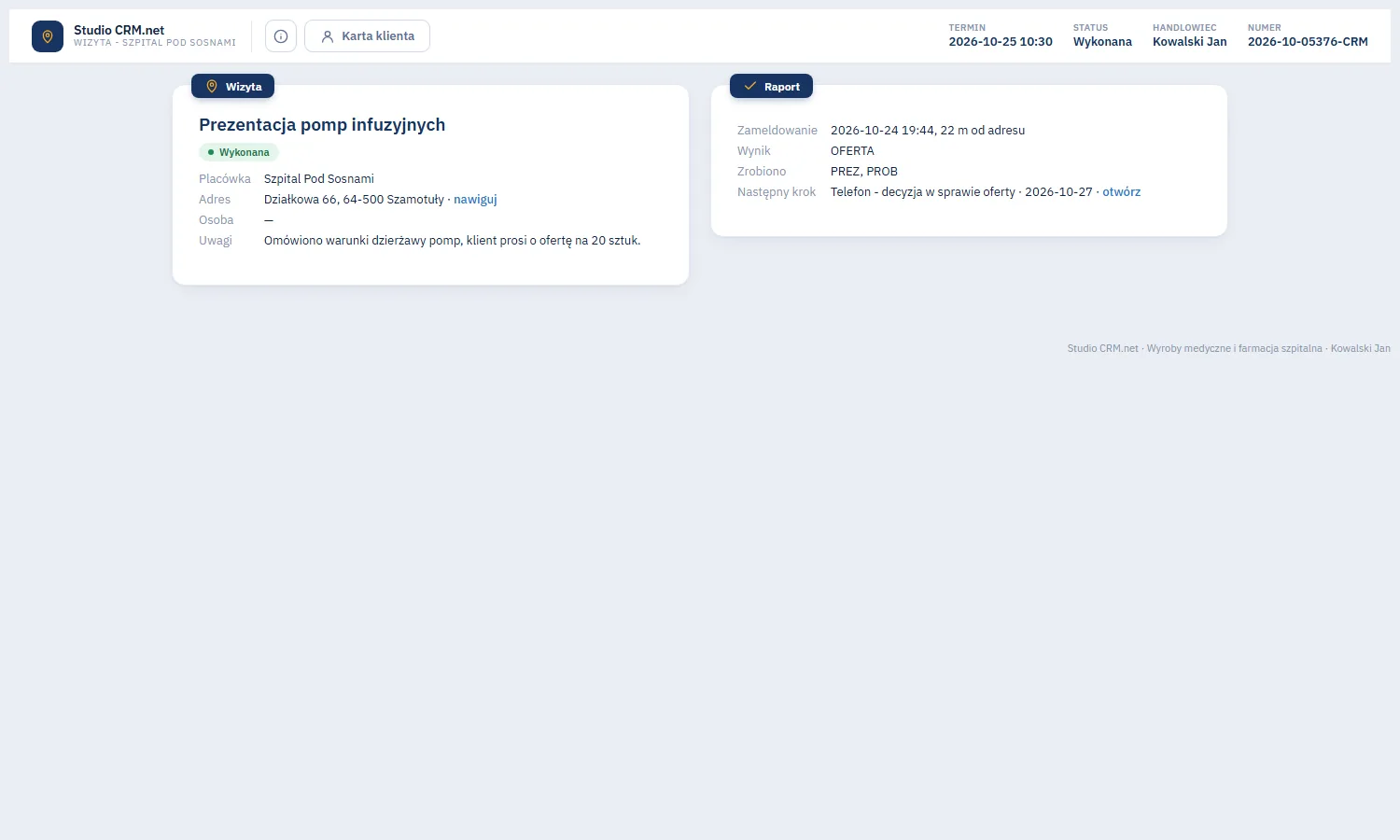 Studio CRM.net - wizyta wykonana z zameldowaniem 22 m od adresu klienta, wynikiem OFERTA, zrobionymi czynnościami i następnym krokiem Telefon decyzja w sprawie oferty z linkiem otwórz