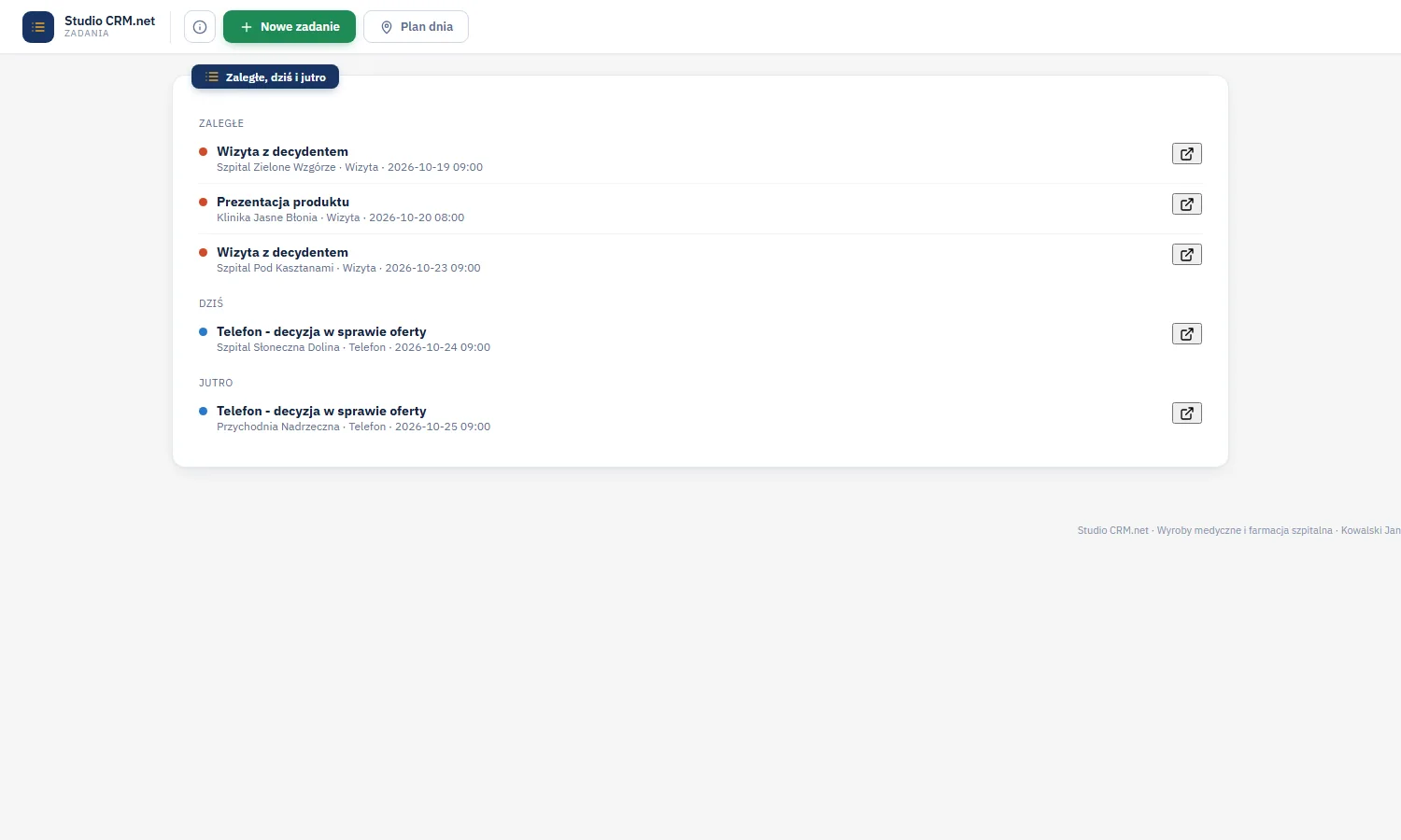 Studio CRM.net - ekran zadań z grupami zaległe, dziś i jutro, tytułami zadań, klientami, rodzajem i terminem z godziną