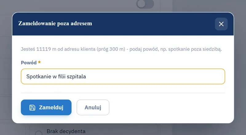 Okno zameldowania poza adresem klienta z polem powodu