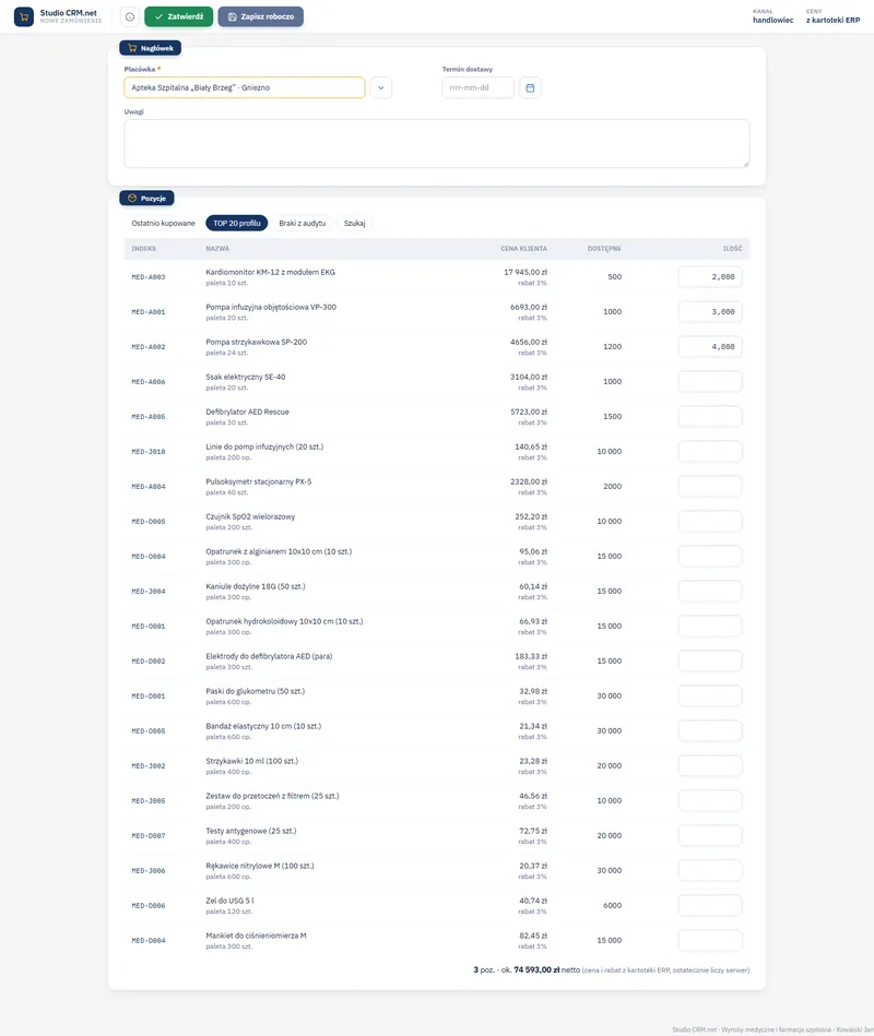Kolumna Dostępne w matrycy zamówienia Studio CRM.net
