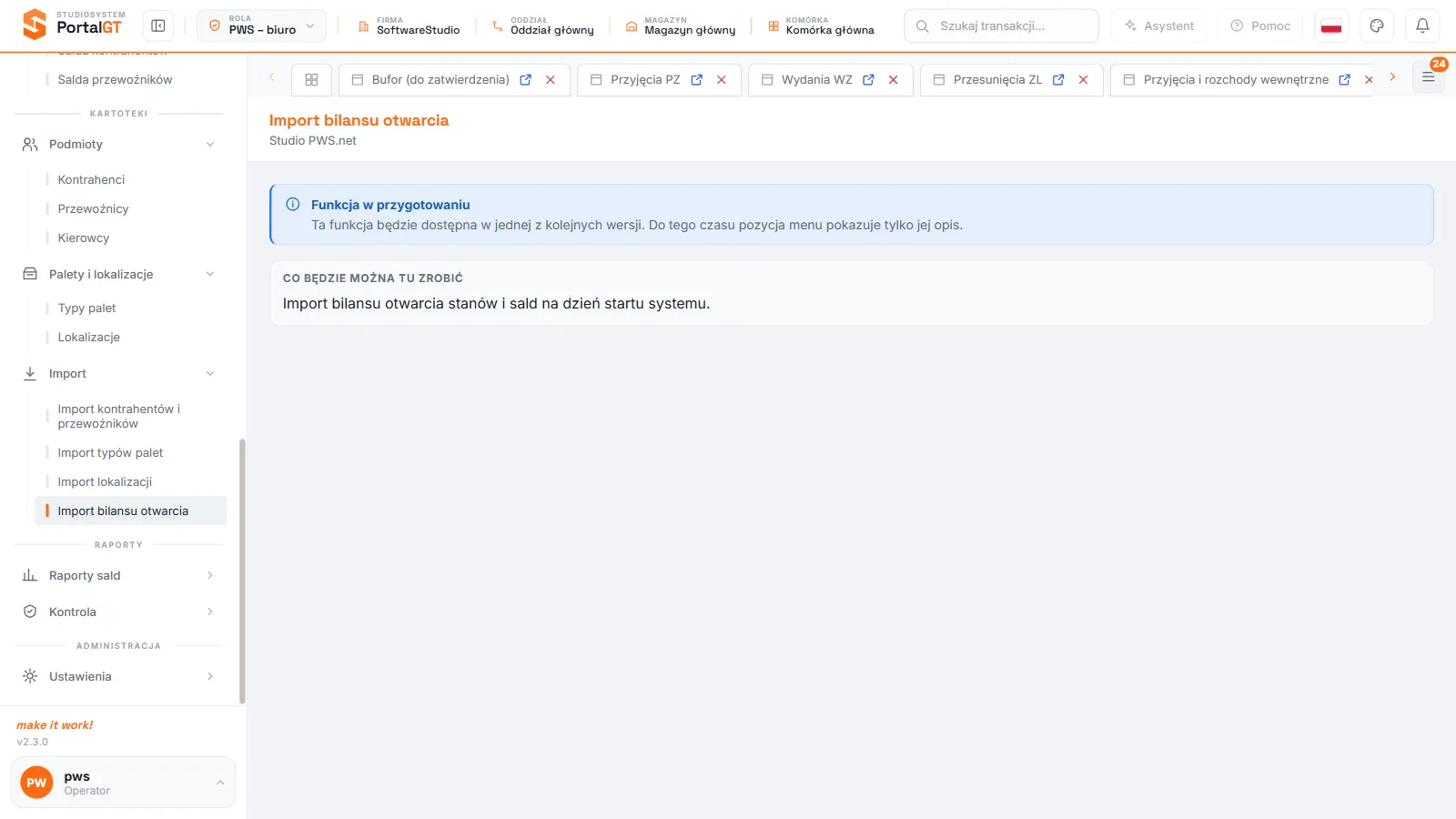 Studio PWS.net - strona Import bilansu otwarcia z informacją, że funkcja jest w przygotowaniu