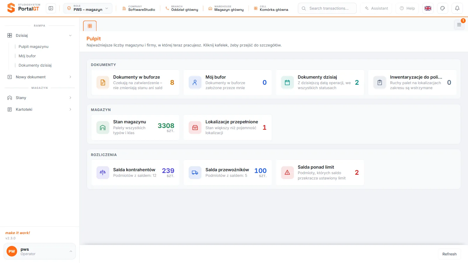 Studio PWS.net - pulpit po przełączeniu języka na angielski, menu i nagłówki przetłumaczone, treść kafelków po polsku