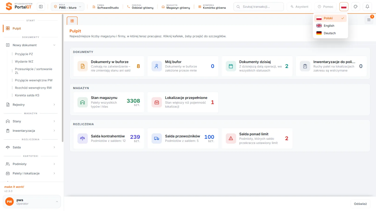 Studio PWS.net - lista języków interfejsu: polski, angielski i niemiecki