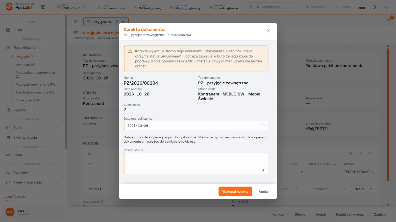 Studio PWS.net - okno Koryguj dokument z wyjaśnieniem, że powstanie storno i nowa kopia w buforze