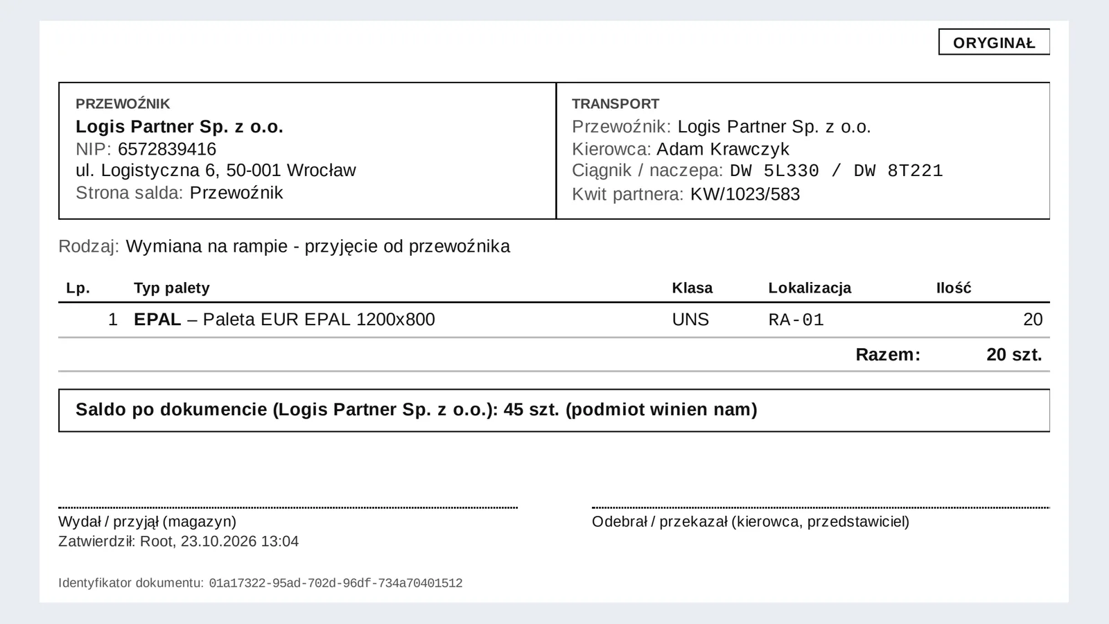 Studio PWS.net - kwit paletowy w PDF z danymi przewoźnika, transportu, pozycją, saldem po dokumencie i polami na podpisy