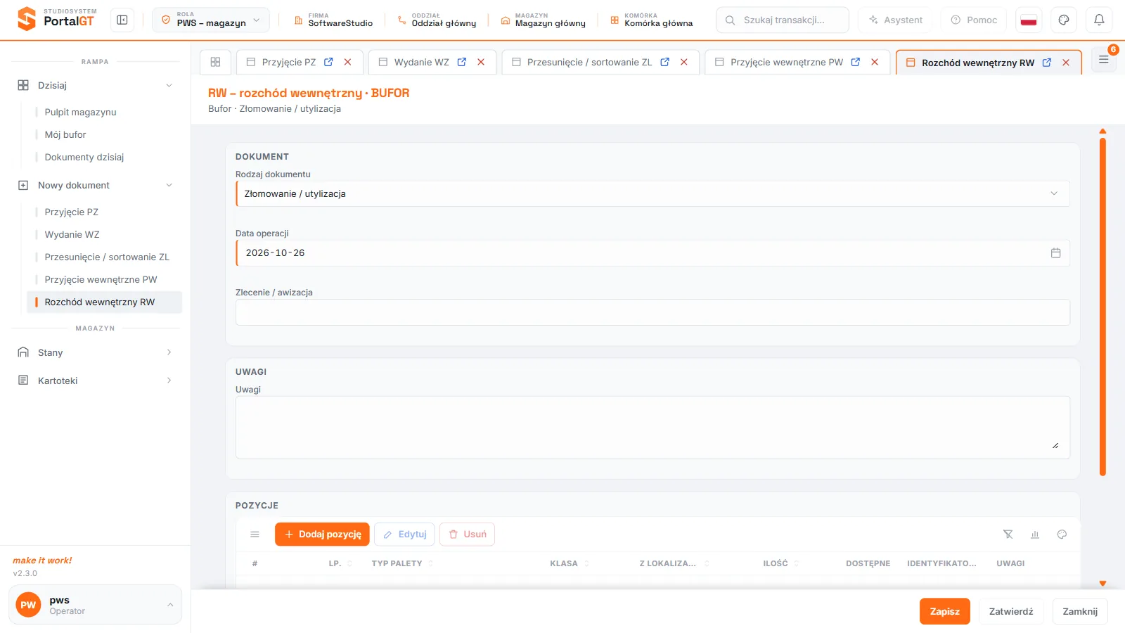 Studio PWS.net - formularz rozchodu wewnętrznego RW w roli magazyn z kartami PZ, WZ, ZL, PW i RW nad formularzem