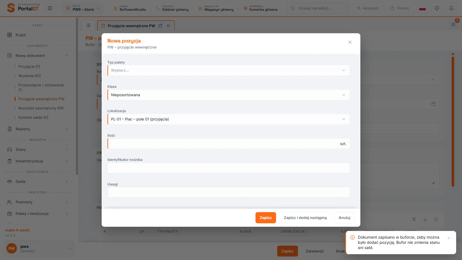 Studio PWS.net - okno pozycji PW z typem palety, klasą, lokalizacją i ilością
