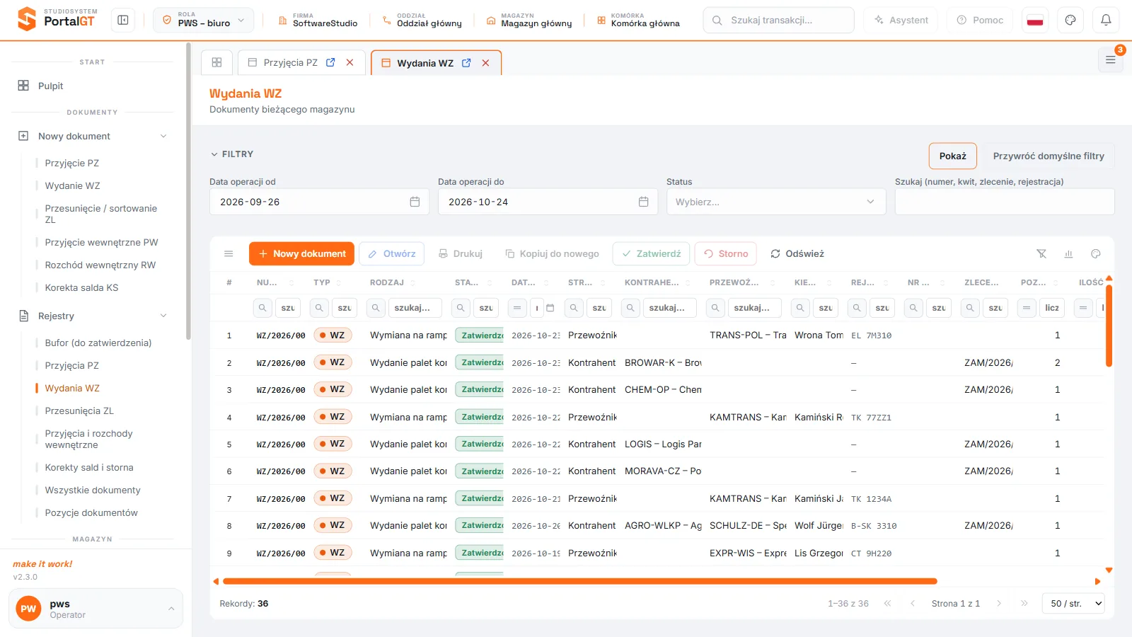 Studio PWS.net - rejestr Wydania WZ z tabelą dokumentów wydania