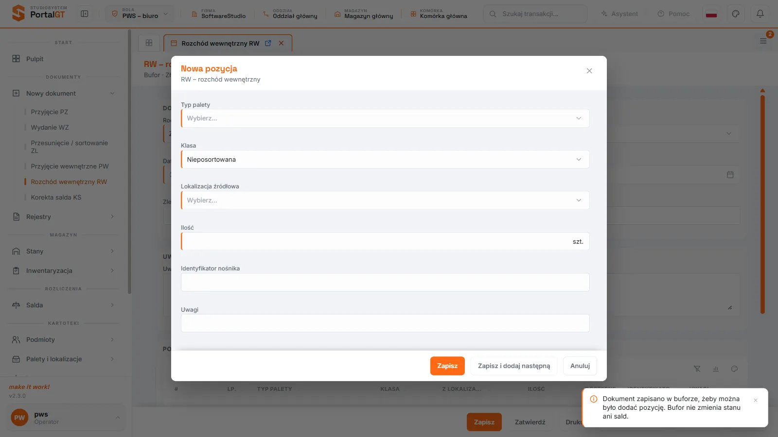 Studio PWS.net - okno pozycji RW z lokalizacją źródłową i dostępną ilością