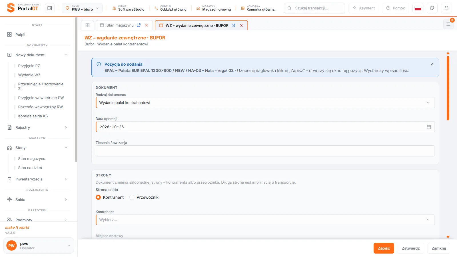 Studio PWS.net - nowy dokument WZ otwarty z ekranu Stan magazynu z wypełnioną pozycją