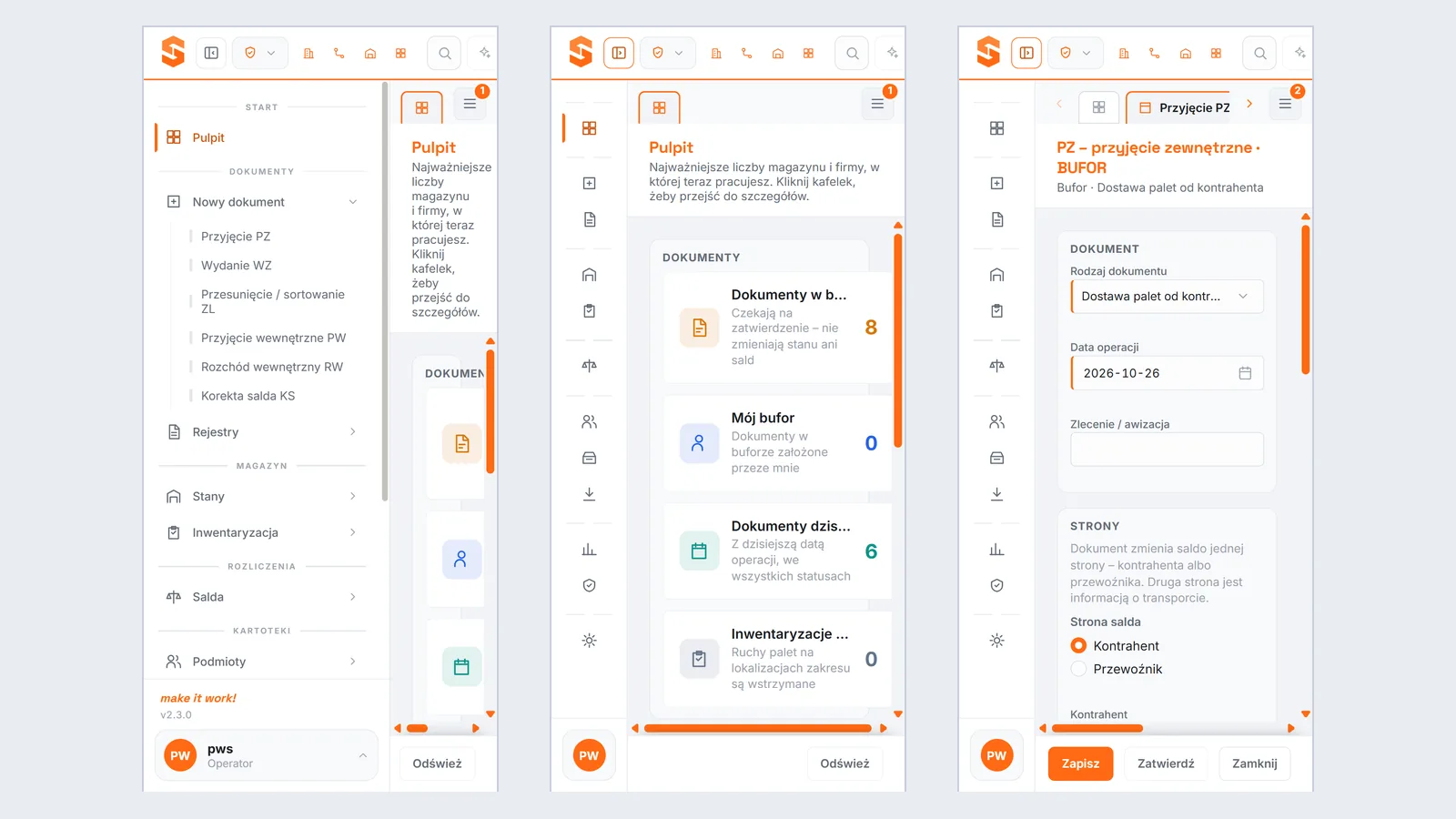 Studio PWS.net - pulpit z menu rozwiniętym i zwiniętym oraz formularz PZ na ekranie telefonu 390 px