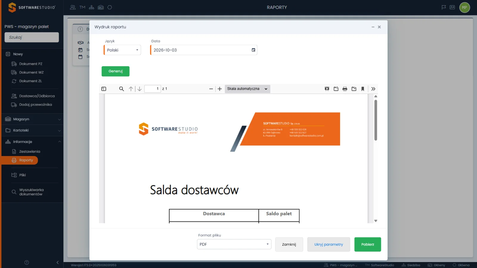 Studio PWS.net - okno Wydruk raportu z rozwiniętymi parametrami Język i Data, przyciskiem Generuj, podglądem PDF i listą Format pliku