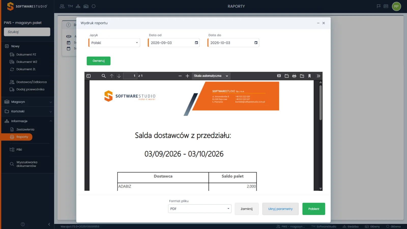 Studio PWS.net - okno Wydruk raportu z rozwiniętymi parametrami Język, Data od i Data do, przyciskiem Generuj i podglądem PDF raportu