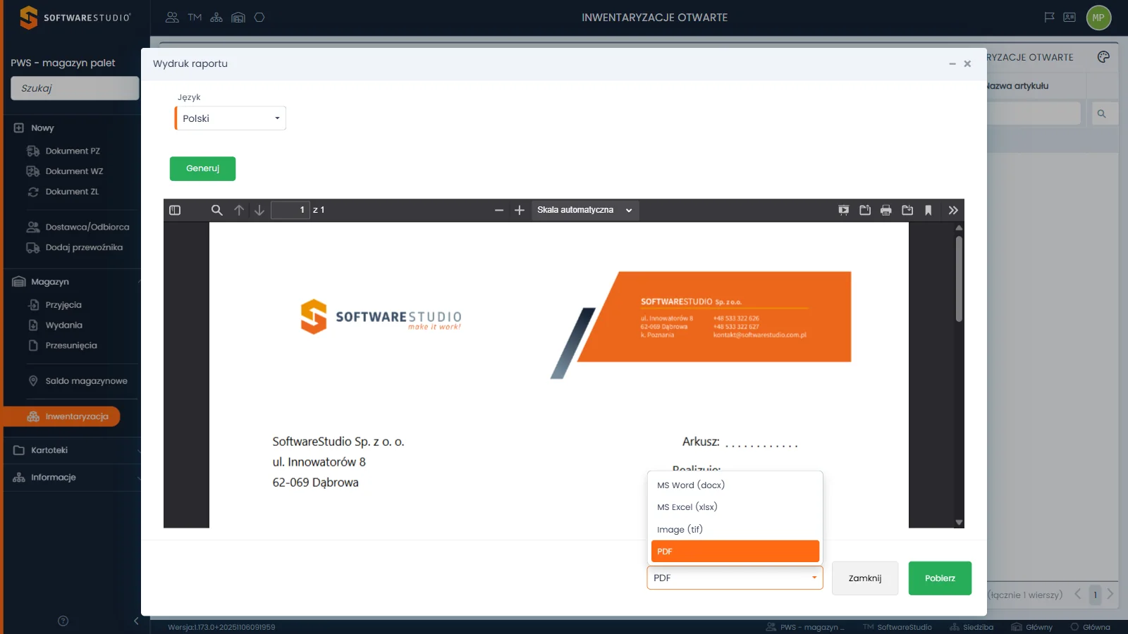Studio PWS.net - okno Wydruk raportu z inwentaryzacji z rozwiniętą listą Format pliku: MS Word, MS Excel, Image tif i PDF, nad nagłówkiem arkusza