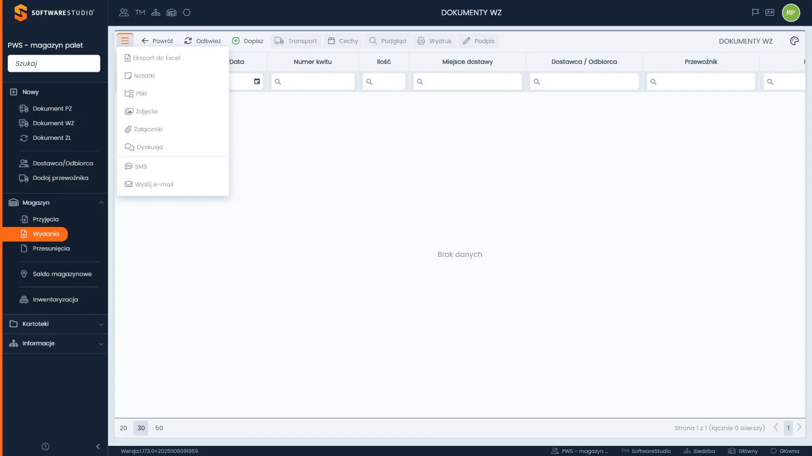 Studio PWS.net - pusty rejestr Dokumenty WZ z rozwiniętym menu hamburgera, w którym wszystkie osiem pozycji łącznie z SMS i Wyślij e-mail jest wyszarzonych