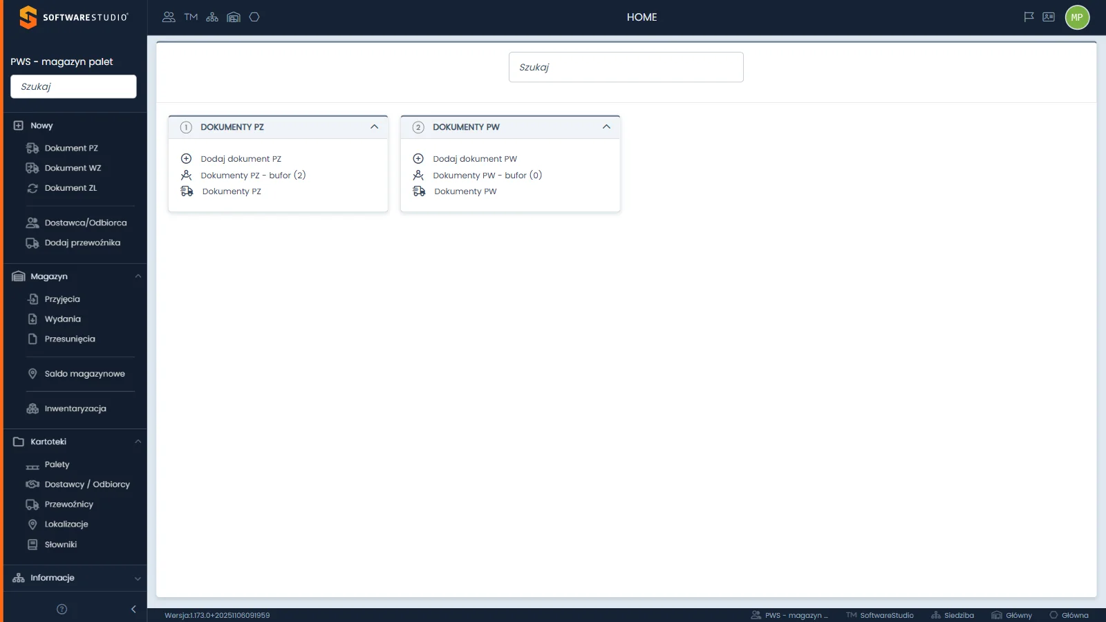 Studio PWS.net - ekran HOME z lewym menu Nowy, Magazyn, Kartoteki i Informacje, polem Szukaj, kafelkami dokumentów PZ i PW oraz stopką z wersją