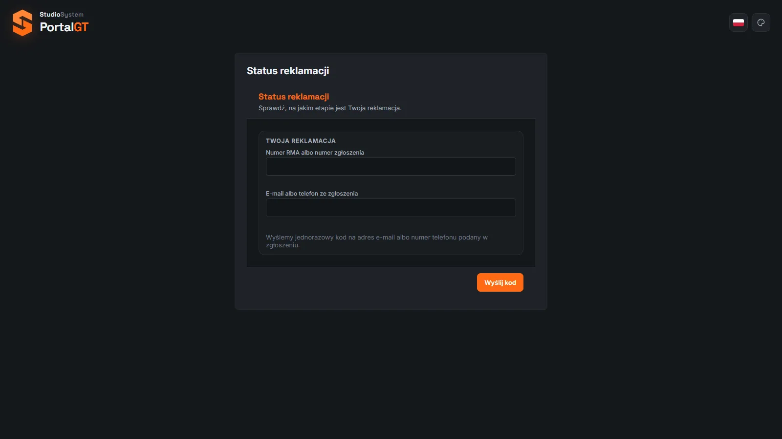 Studio RMA.net - publiczna strona Status reklamacji z polami Numer RMA albo numer zgłoszenia i E-mail albo telefon ze zgłoszenia oraz przyciskiem Wyślij kod