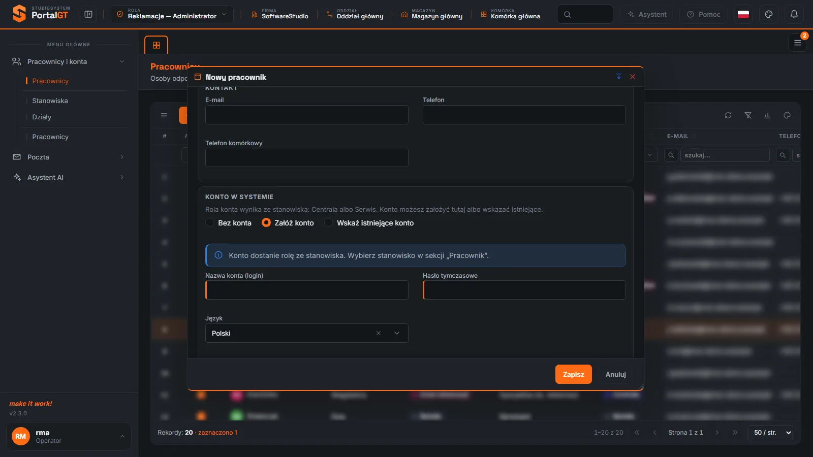 Studio RMA.net - okno Nowy pracownik z wybraną opcją Załóż konto i polami Nazwa konta login, Hasło tymczasowe oraz Język i komunikatem o roli ze stanowiska