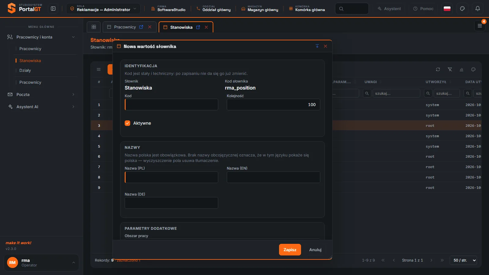 Studio RMA.net - okno Nowa wartość słownika dla słownika Stanowiska z kodem, kolejnością, nazwami PL, EN, DE i sekcją Parametry dodatkowe z polem Obszar pracy