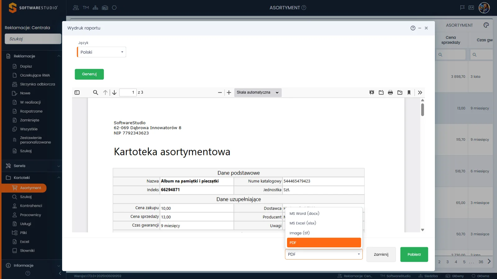Studio RMA.net - okno Wydruk raportu z rozwiniętą listą Format pliku: MS Word, MS Excel, Image (tif) i PDF jako wartość zaznaczona